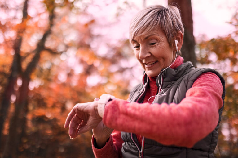 A senior woman keeping healthy, supported by the eQstats compliance and risk management regime.