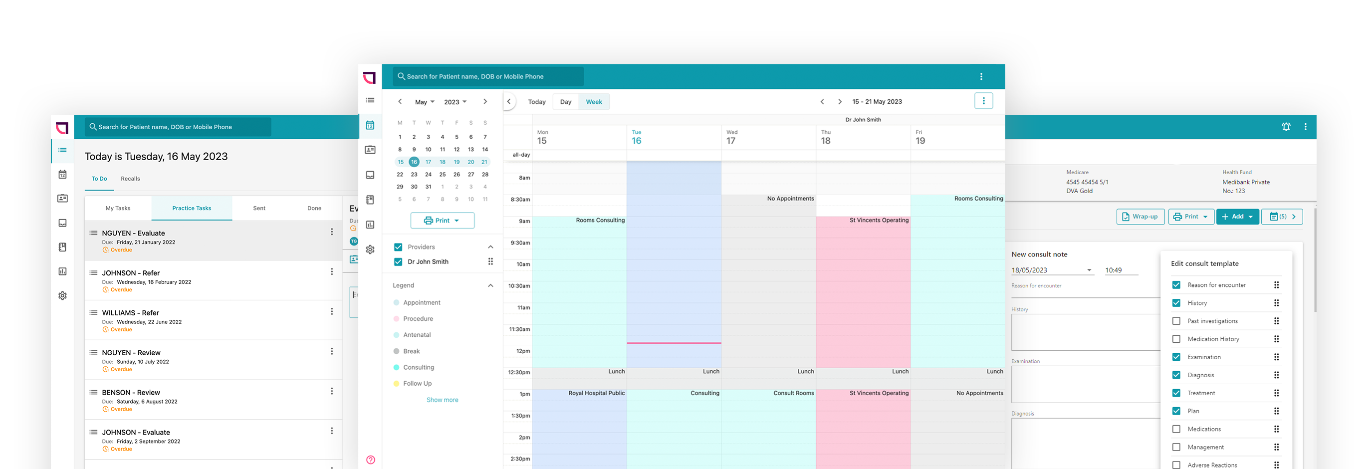 Gentu practice management software mockup showing appointments, patient data and clinical management